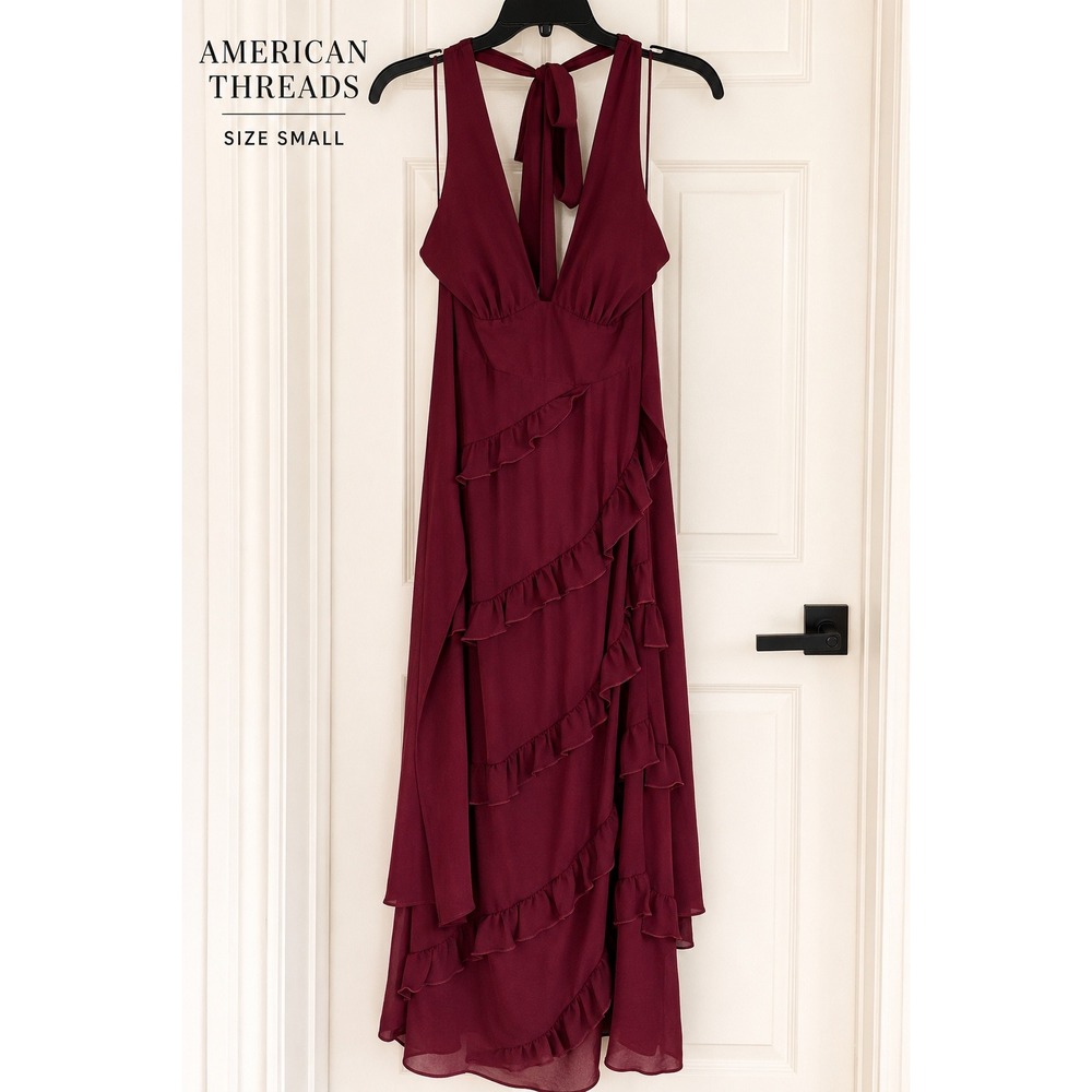 American Threads Burgundy Ruffle Halter Midi Dress Wine Red Tiered V-Neck Small